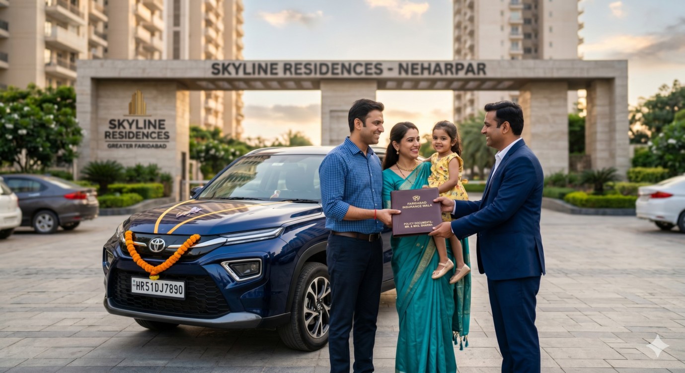 Happy family receiving new car insurance policy documents in Greater Faridabad Neharpar.