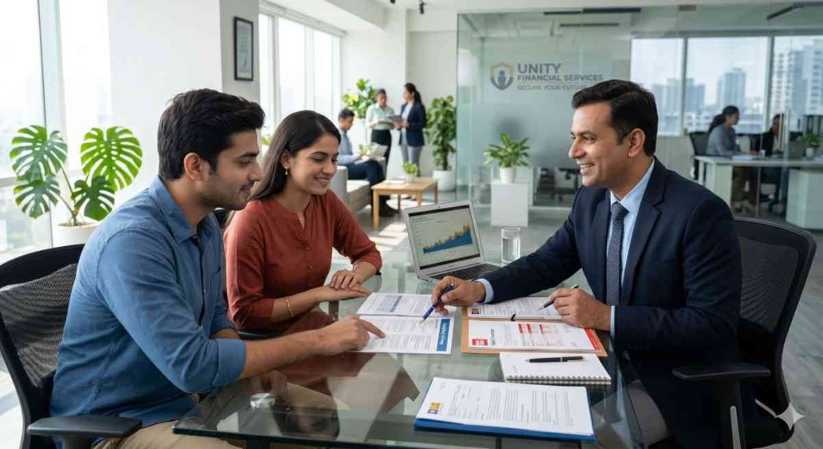 Professional insurance agent explaining coverage details to a family in Faridabad.