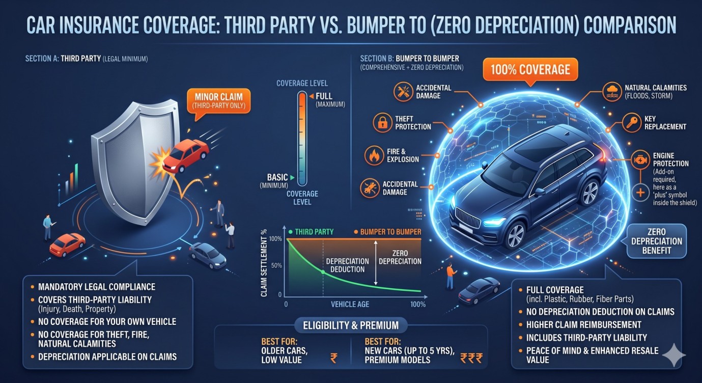 3D illustration comparing basic third party car insurance with comprehensive bumper to bumper coverage in Faridabad.