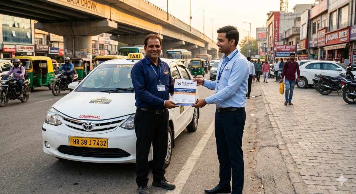 Cab driver receiving a commercial taxi insurance policy from a Faridabad Insurance Wala agent.