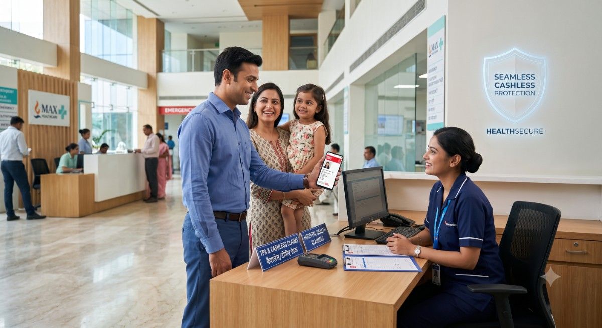 An Indian family presenting a digital health card at a TPA desk for a cashless hospital claim in Faridabad.