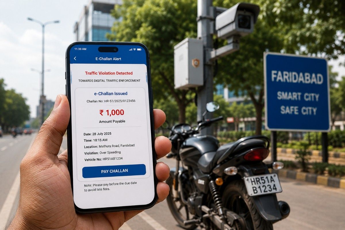A smartphone displaying an e-challan alert for an uninsured motorcycle under a smart traffic camera in Faridabad.