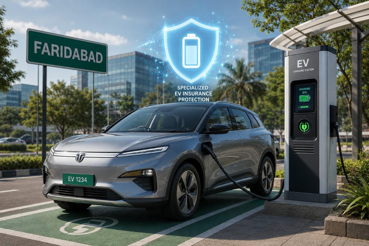 An electric vehicle charging in Faridabad, protected by a holographic insurance shield representing battery and motor coverage.