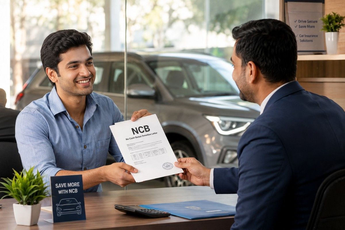 An Indian car owner happily holding an NCB retention letter to transfer their No Claim Bonus discount to a new vehicle.
