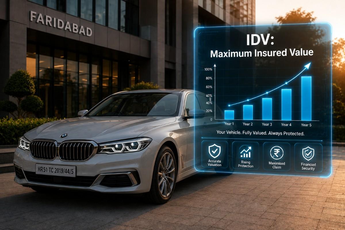 A digital graphic explaining Insured Declared Value (IDV) and vehicle valuation for car insurance.
