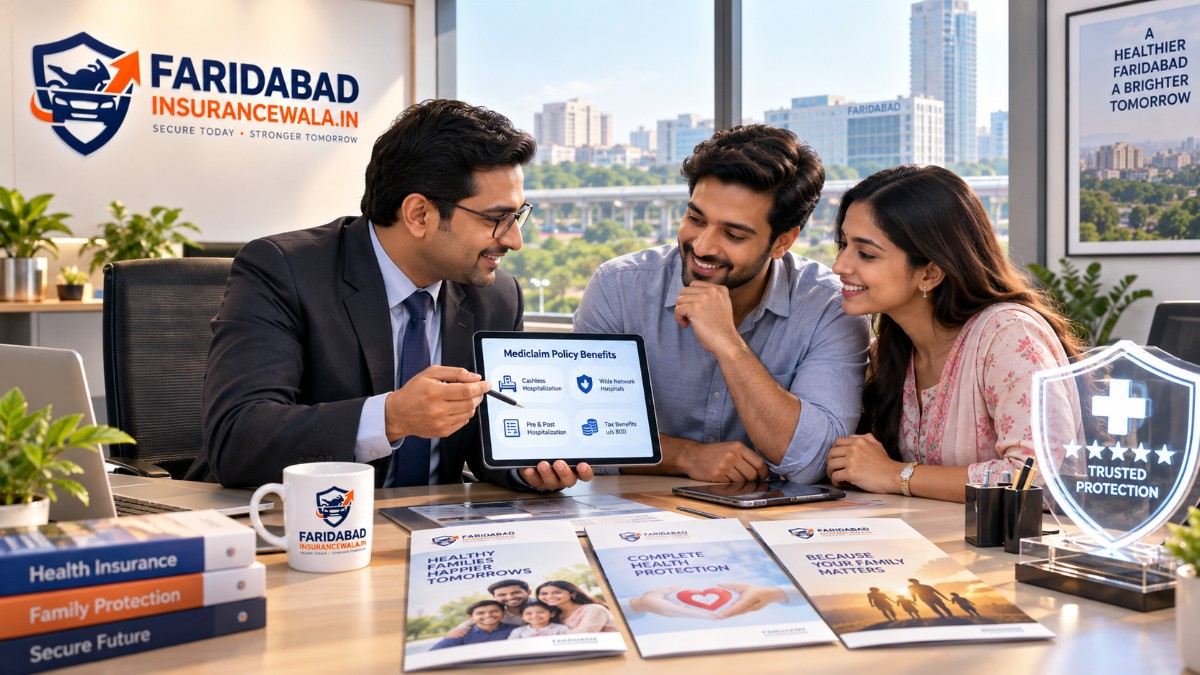 An insurance advisor explaining the key features of the best health insurance policy in Faridabad to a family.