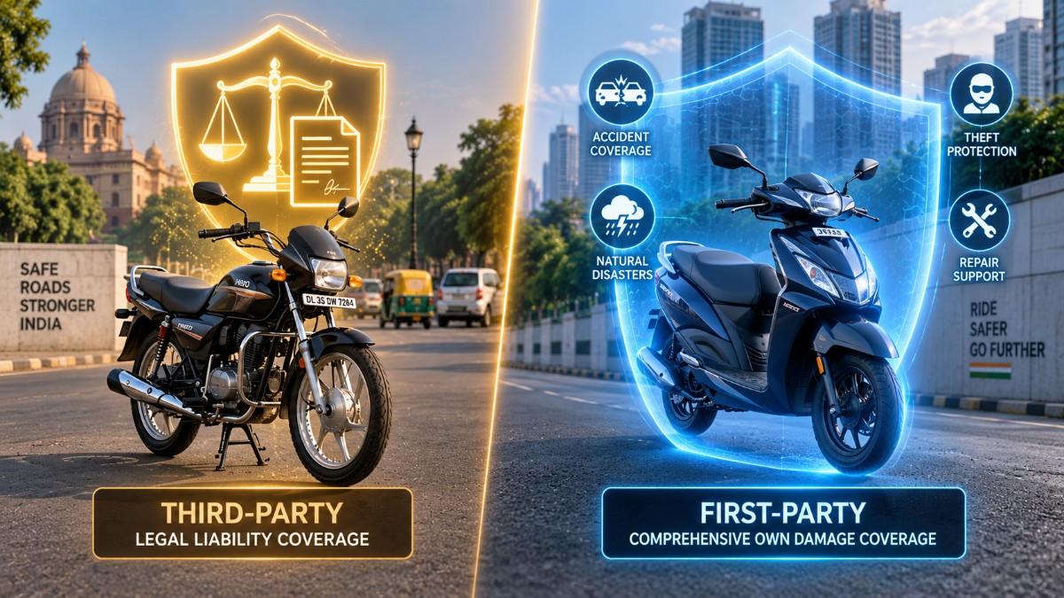 Split visual comparing 1st-party comprehensive own damage bike insurance and 3rd-party legal liability coverage.