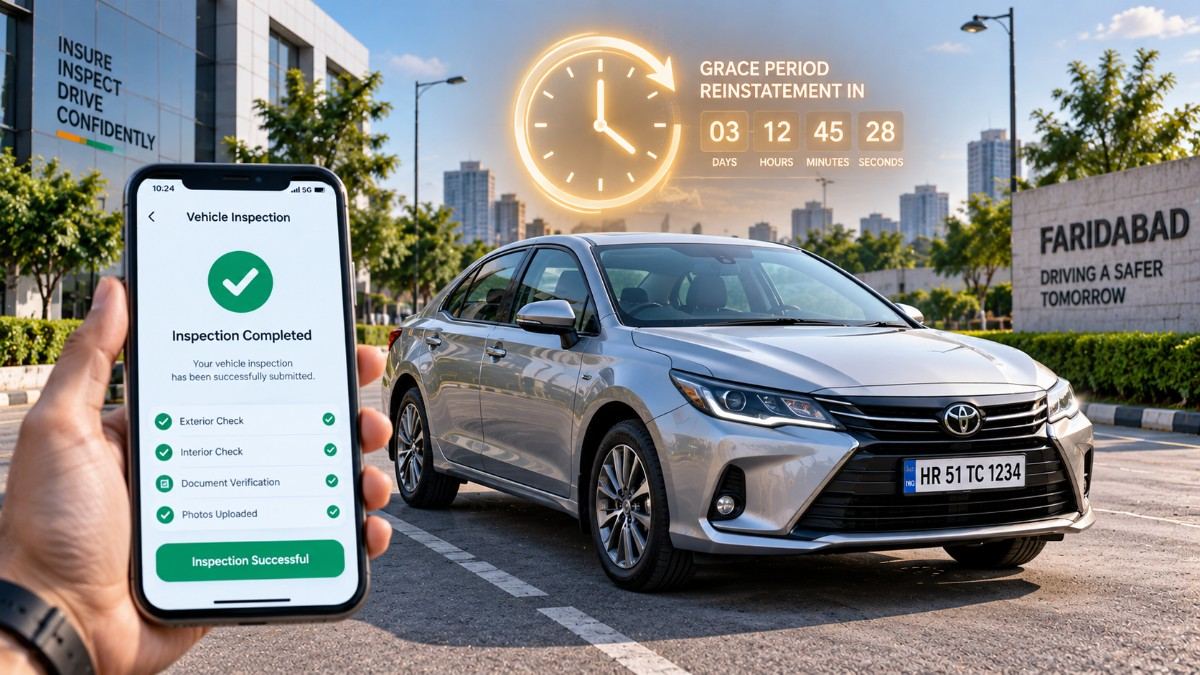 Smartphone showing digital self-inspection and policy renewal countdown for an expired car insurance policy in India.