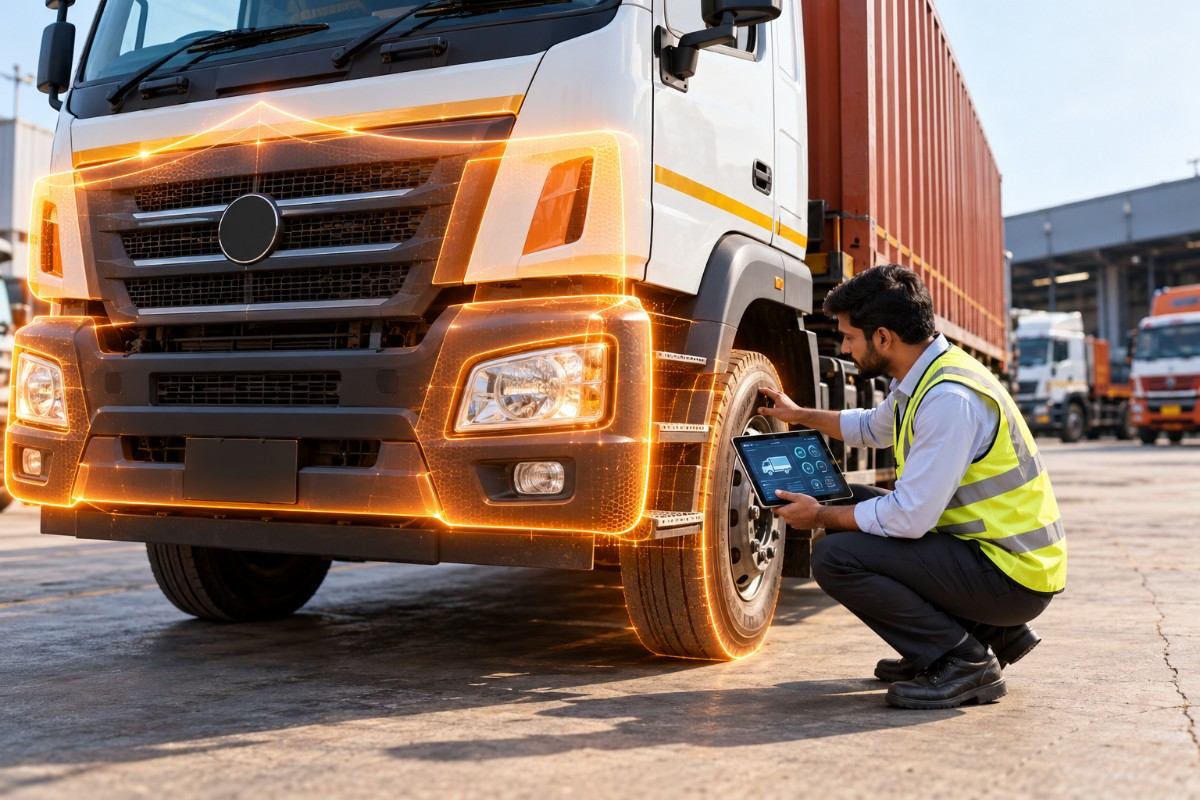 A fleet manager inspecting the bumper and tyres of a commercial vehicle protected by an IMT 23 add-on cover.