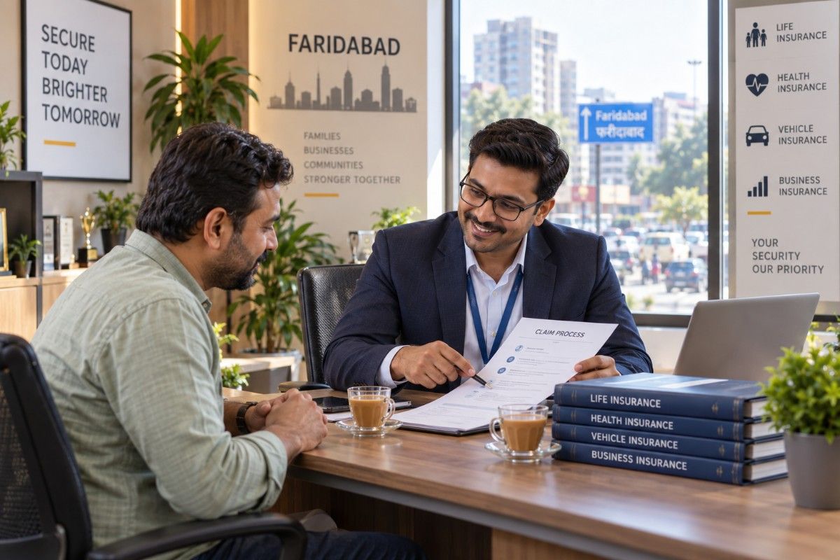 A customer discussing policy terms and claim support face-to-face with a local insurance agent in Faridabad.