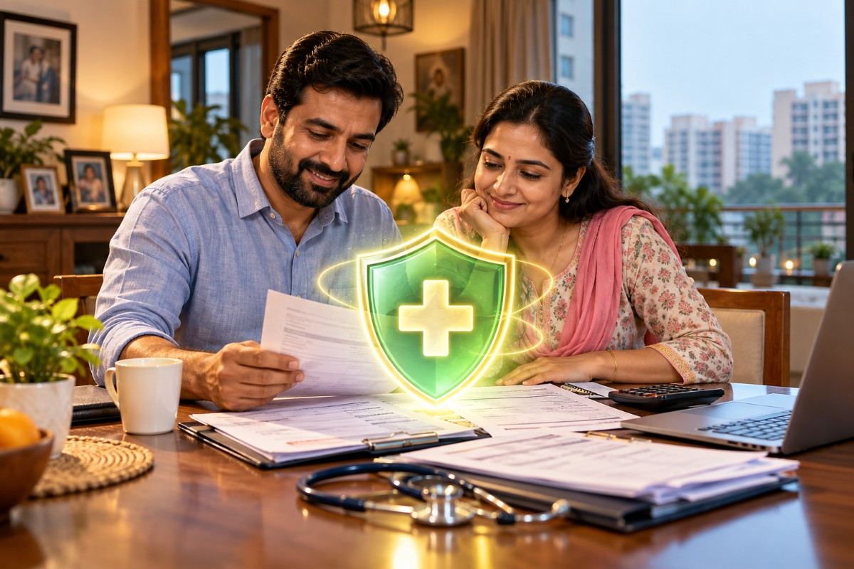 A couple reviewing financial documents protected by comprehensive medical insurance plans during a health emergency.