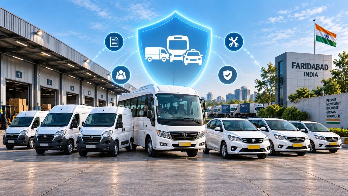 A diverse fleet of commercial vehicles including delivery vans and passenger shuttles protected under a unified business insurance policy.