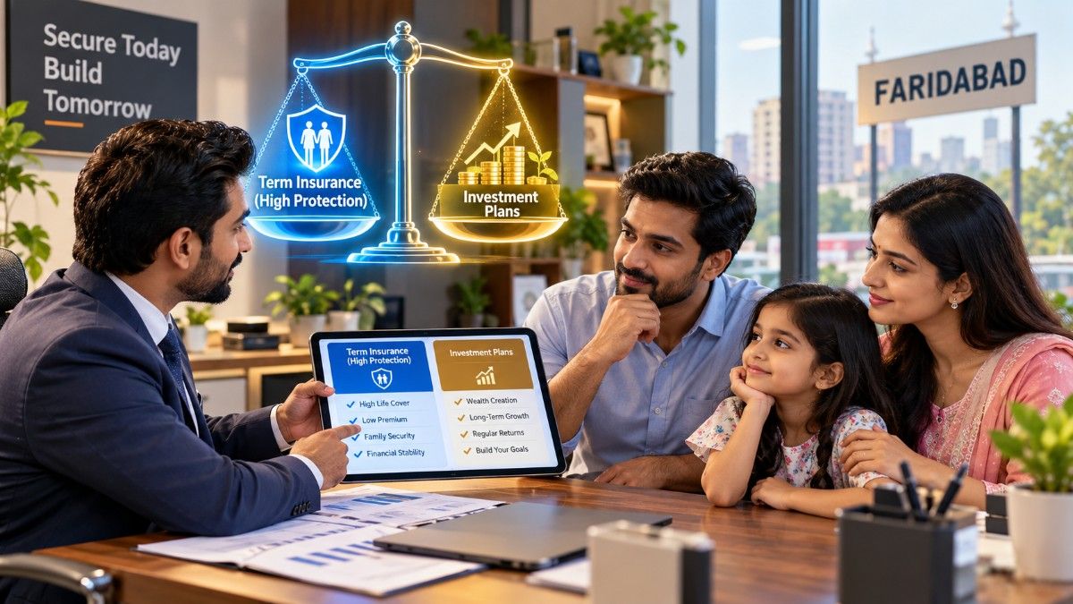 A financial advisor explaining life insurance versus term insurance options to a family in Faridabad.