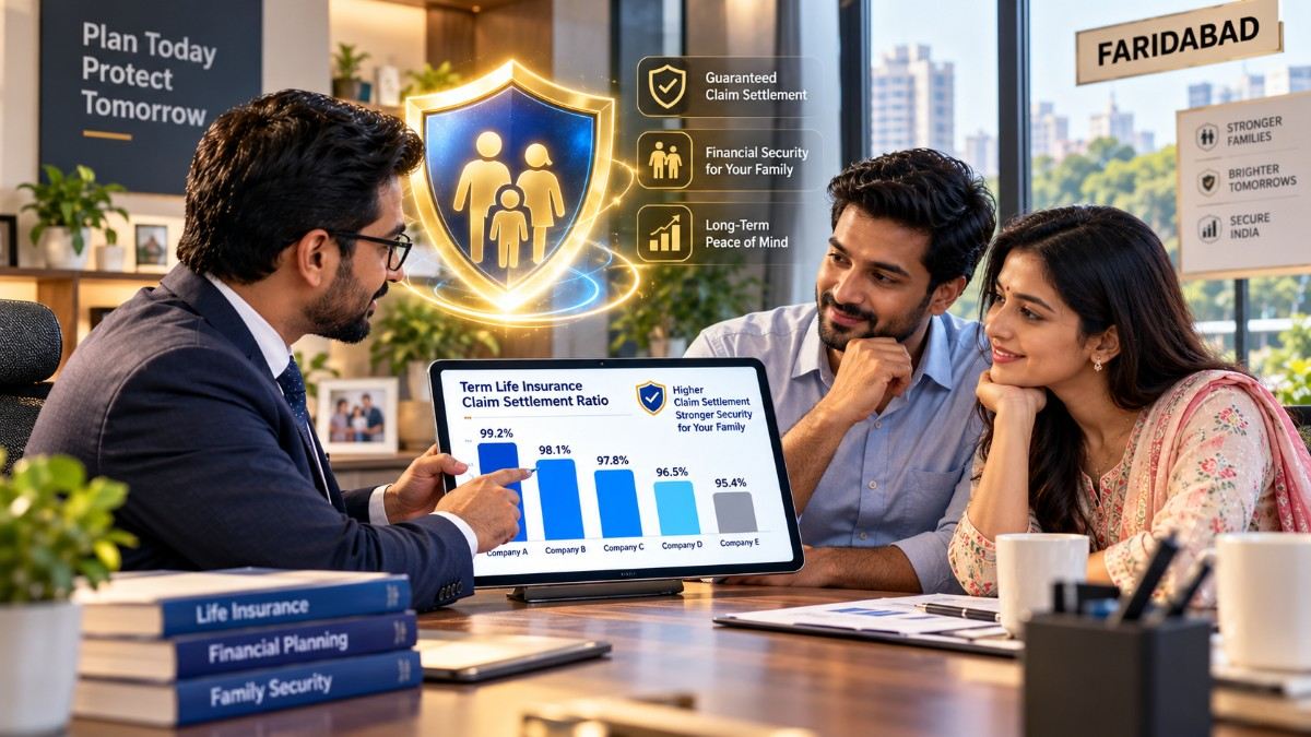 A couple consulting a local expert to select a reliable term insurance provider in Faridabad.
