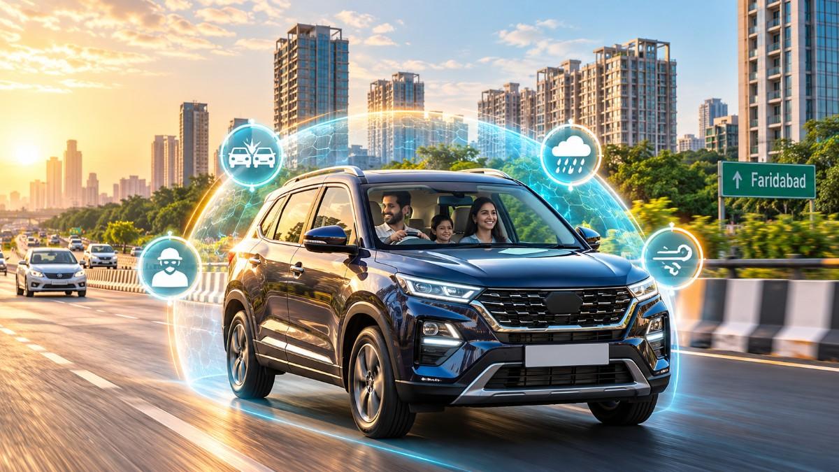 A modern SUV protected by a glowing digital shield representing the best car insurance in Faridabad for comprehensive coverage.