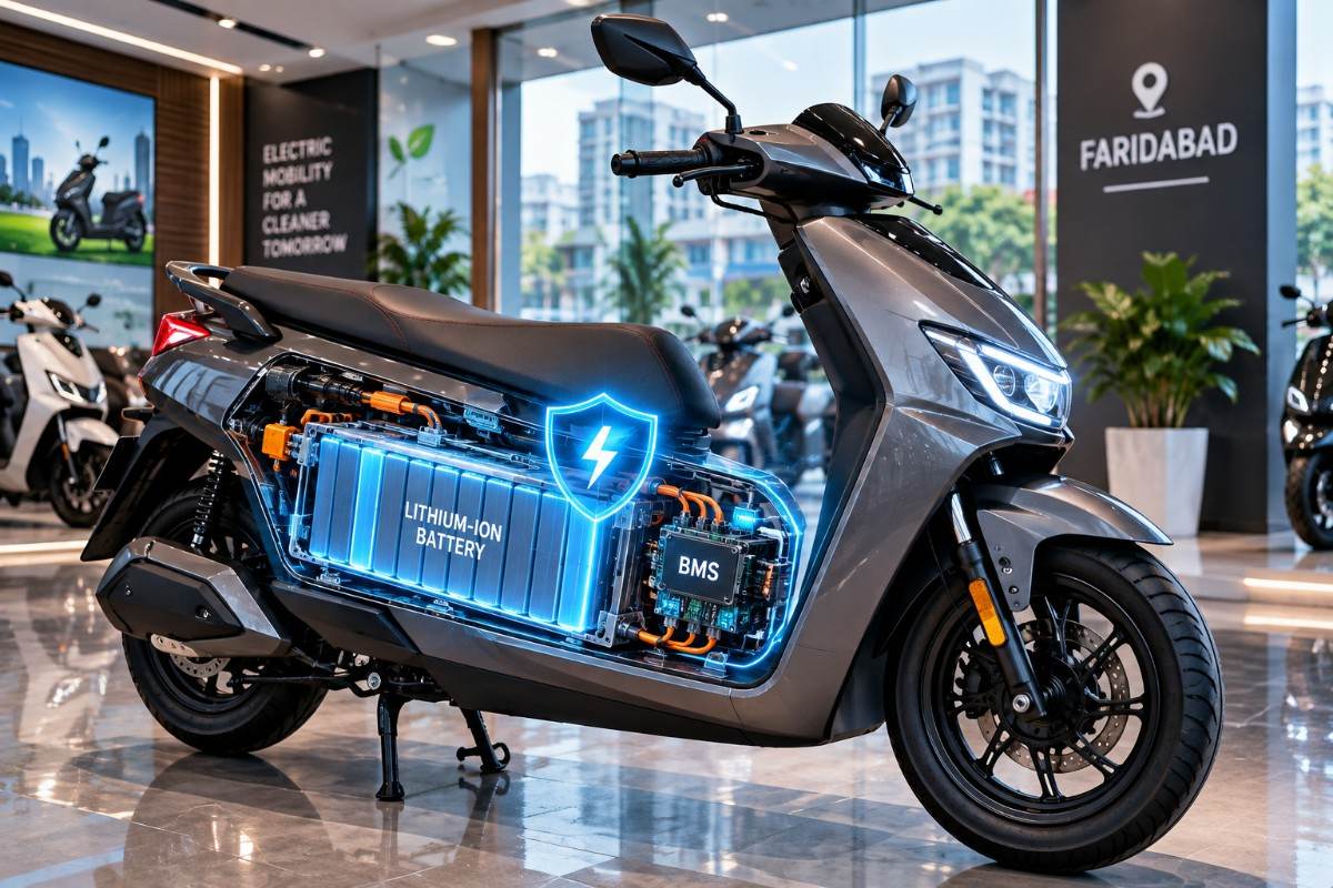 A modern electric scooter with a glowing holographic display highlighting the battery pack and insurance coverage protection.