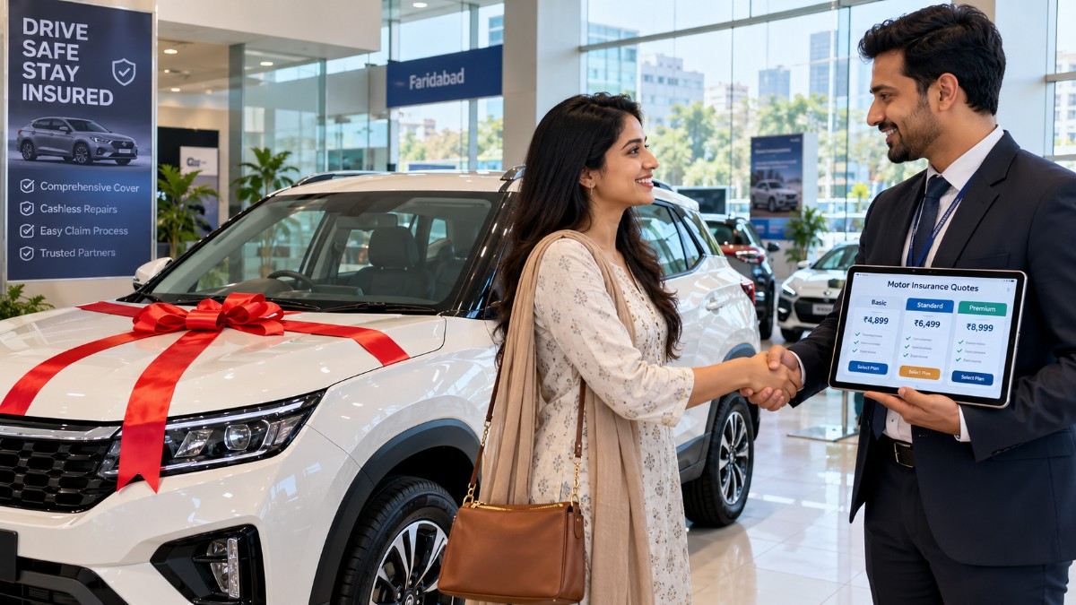 A new car owner reviewing independent quotes to buy insurance for a new car in Faridabad.