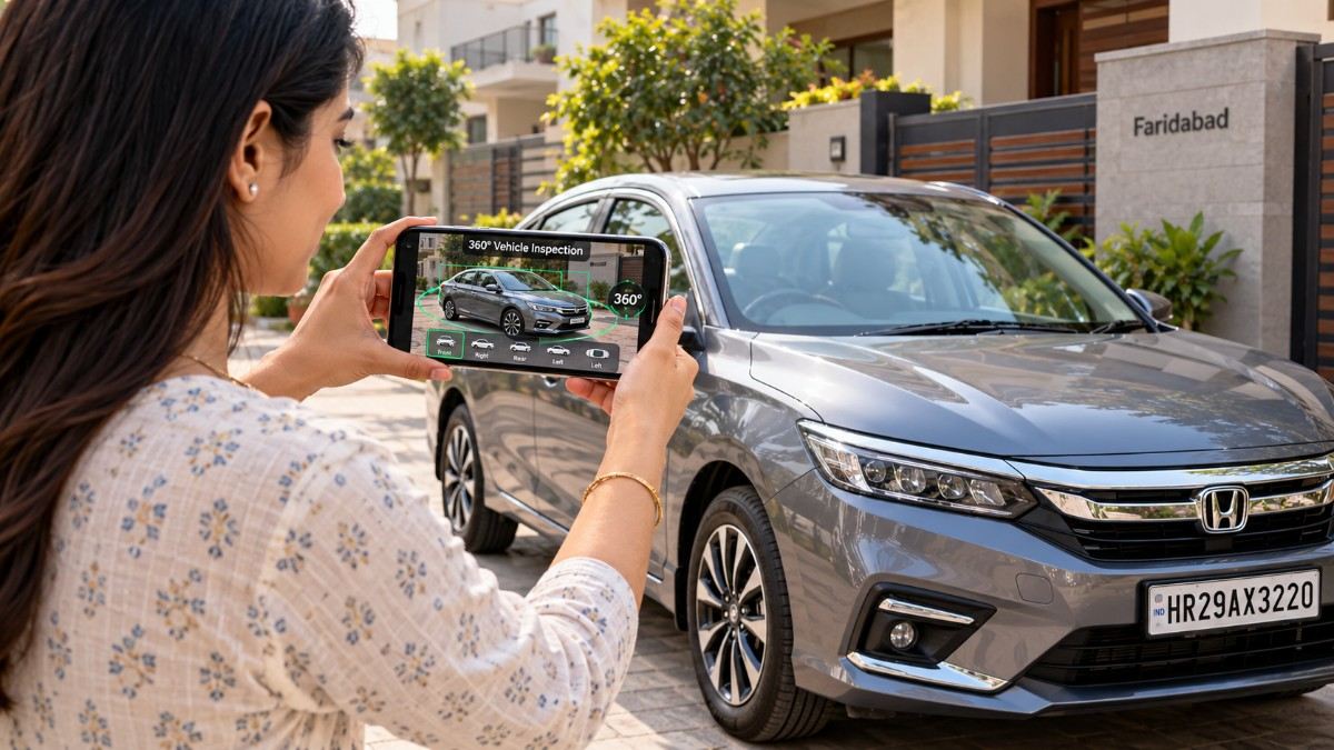 A car owner conducting a digital self-inspection using a smartphone for car insurance renewal after expiry in Faridabad.